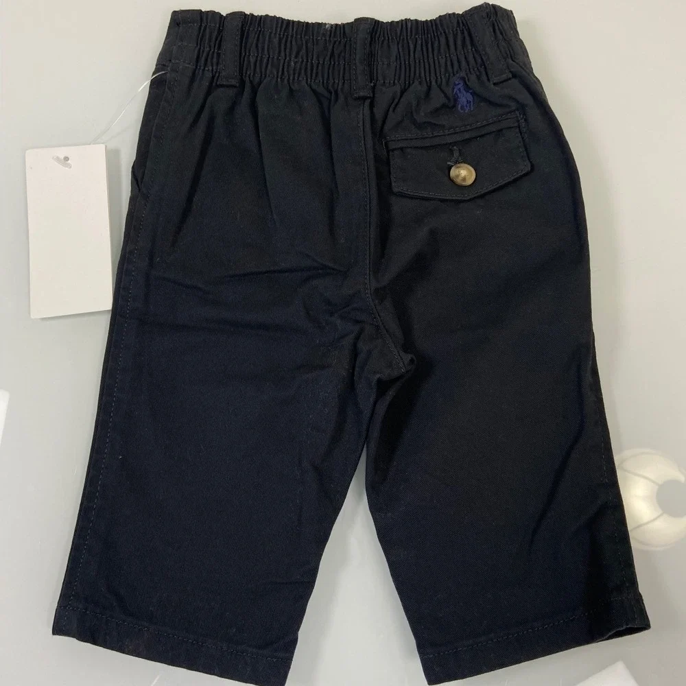 Ralph Lauren Baby Boy 3M Black‎ Chino Shorts Elastic Waist Blue Pony Logo NEW